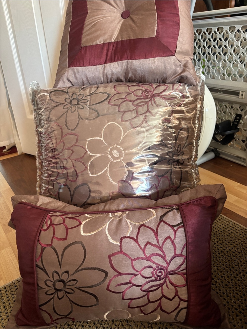 Elegant queen, bedspread /Burgundy and Taupe Floral Decorative Pillow Set.